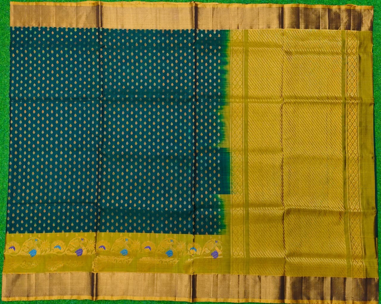 uppada pattu silk saree with skut border & small zari bhutas | rich contrast pallu | elegant handloom saree | green saree with blue blouse uppada pattu silk saree with skut border & small zari bhutas | rich contrast pallu | elegant handloom saree | green saree with blue blouse