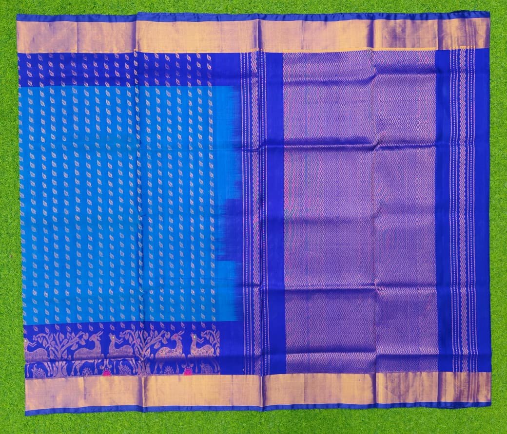 uppada pattu silk saree with skut border & small zari bhutas | rich contrast pallu | elegant handloom saree | green saree with blue blouse uppada pattu silk saree with skut border & small zari bhutas | rich contrast pallu | elegant handloom saree | green saree with blue blouse